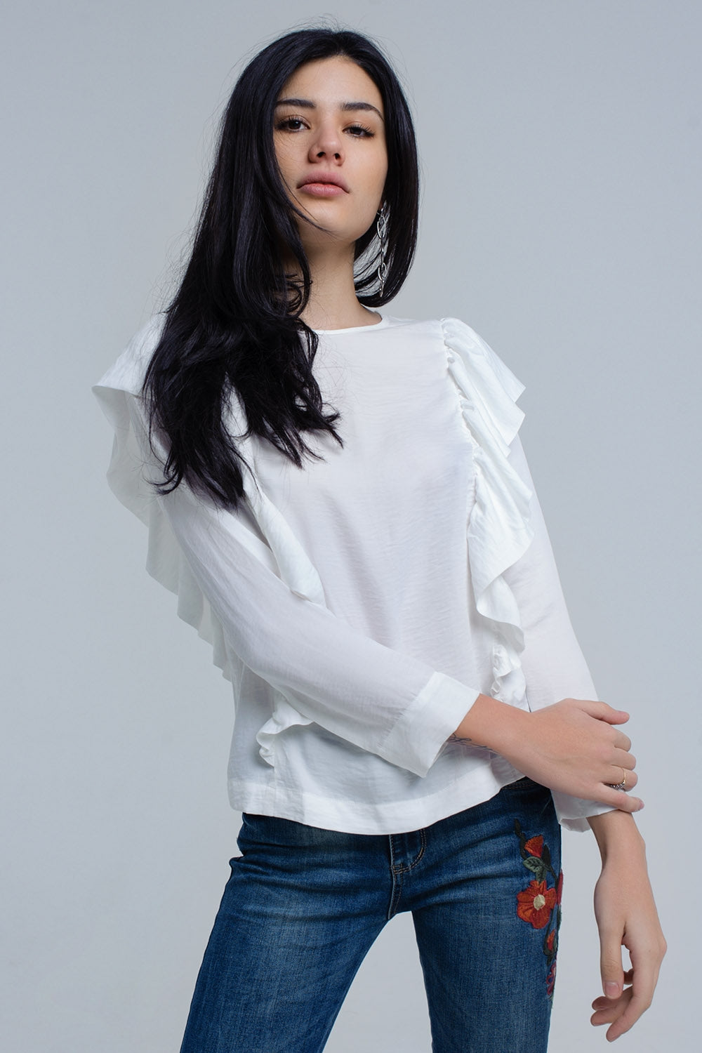 Top with ruffle detail in cream Q2 Shirts BoutiqueLua