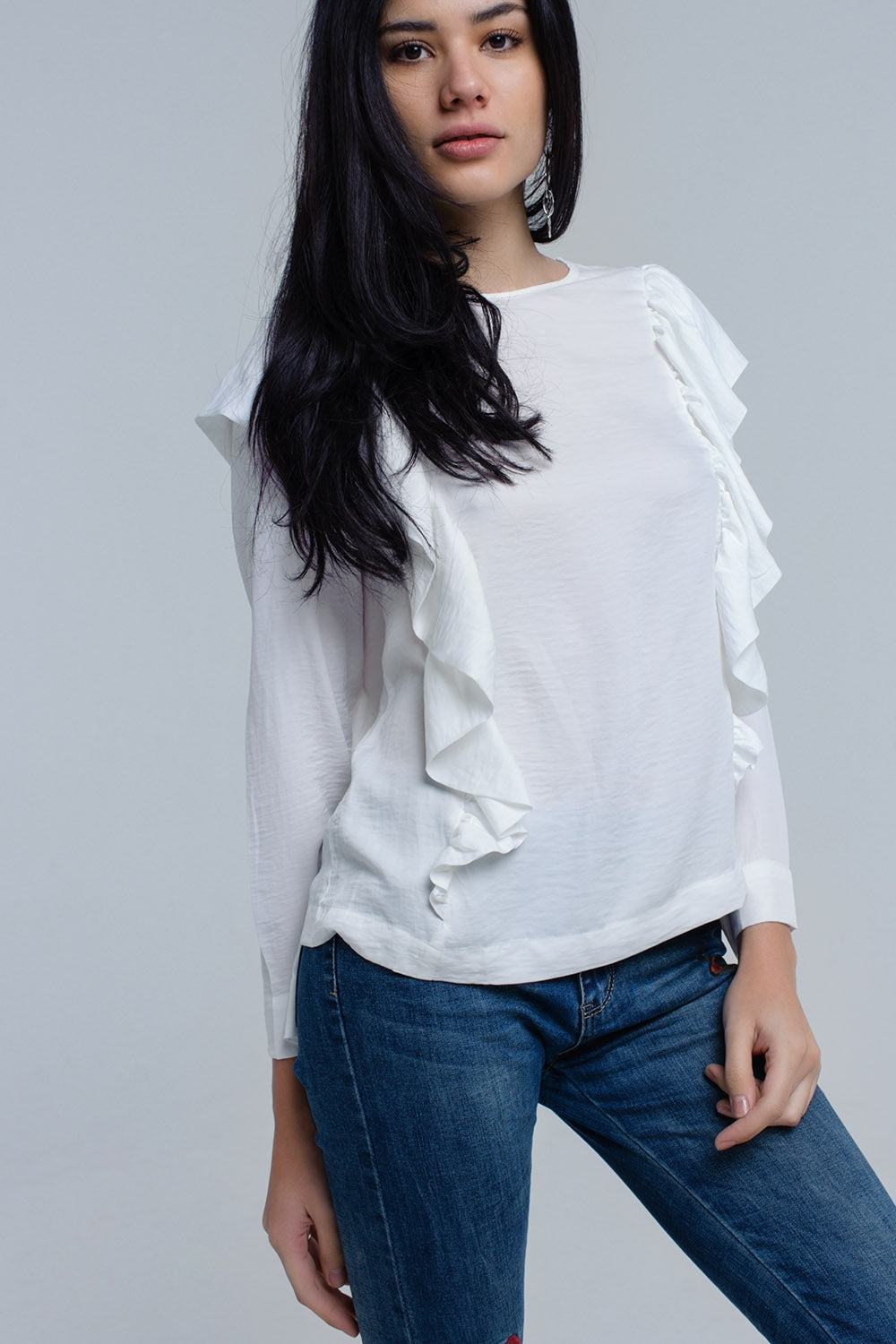 Top with ruffle detail in cream Q2 Shirts BoutiqueLua