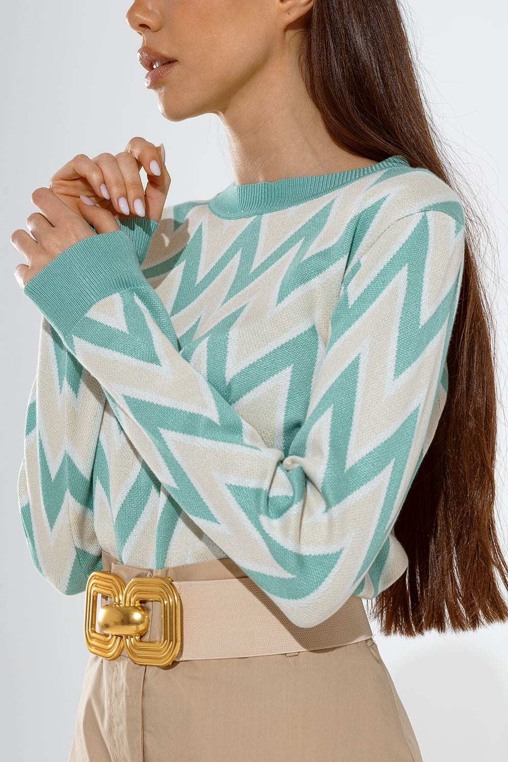 Turquoise  sweater with  zig zag print in Beige  with white details Q2 Sweaters BoutiqueLua