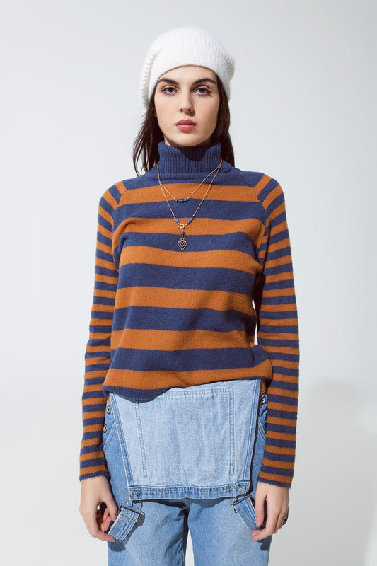 Q2 Turtleneck sweater with stripes in blue and brown