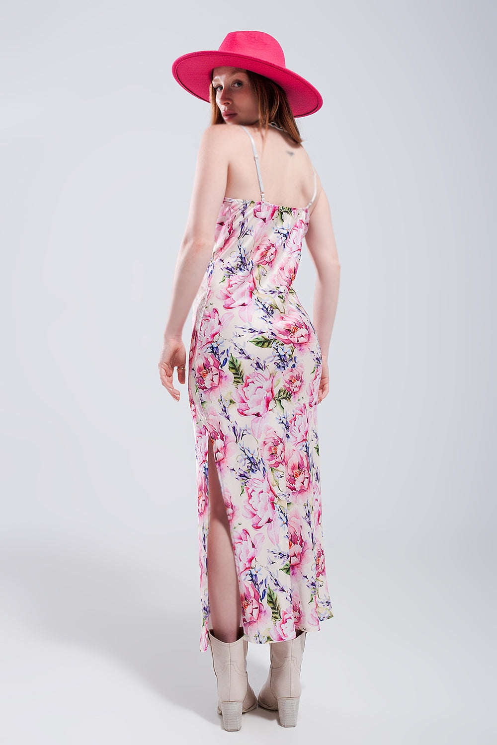 V back Satin midi dress in pink rose print Q2 Dresses BoutiqueLua