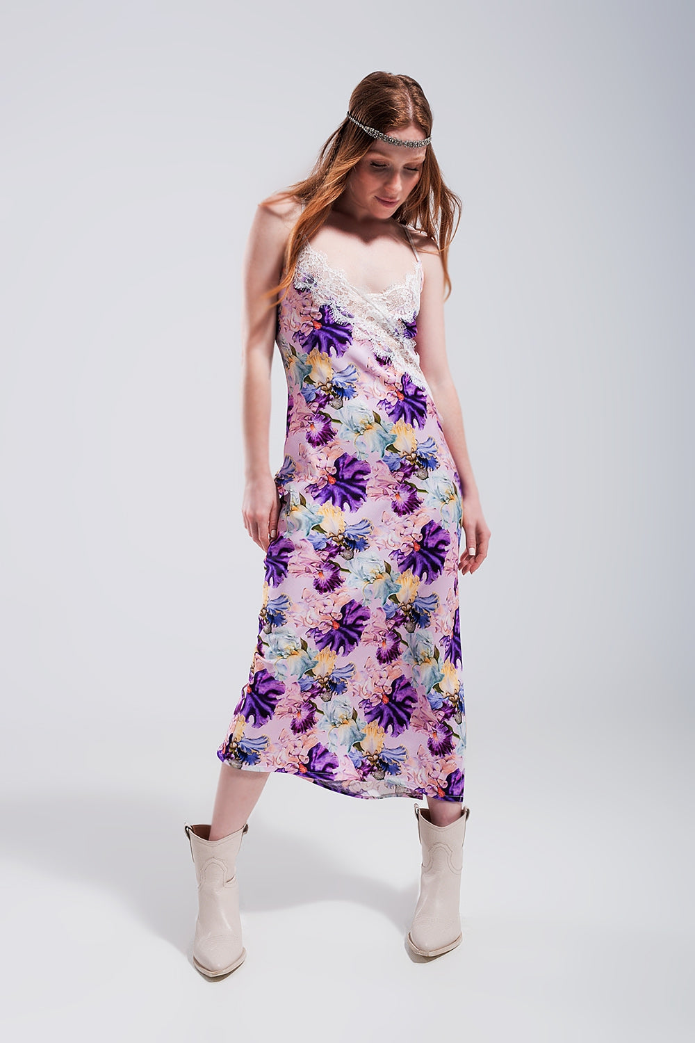 V back Satin midi dress in purple clashing floral print Q2 Dresses BoutiqueLua