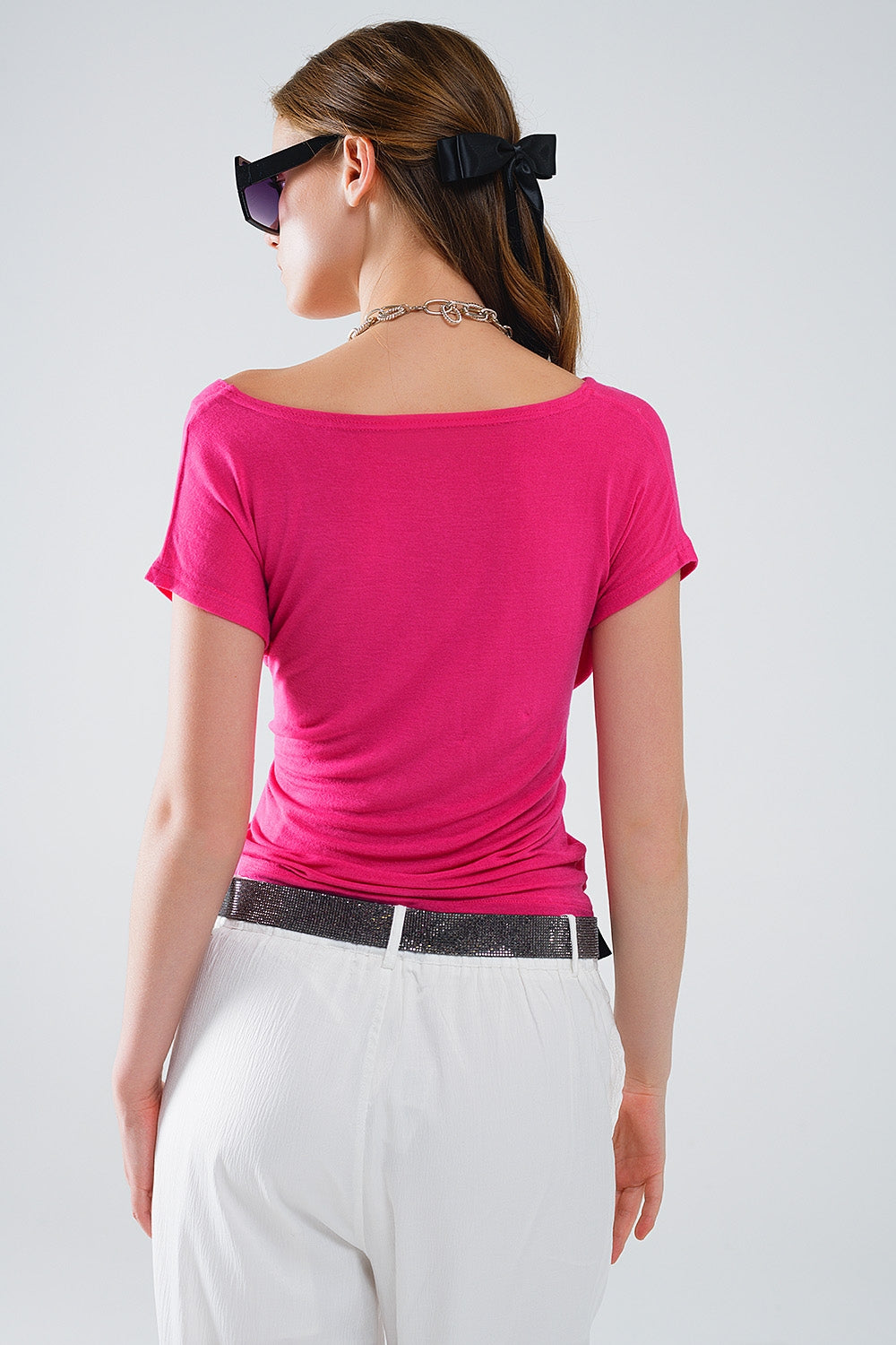 V-neck crossed drapped fitted top with cap sleeves in Fuchsia Q2 Tops BoutiqueLua