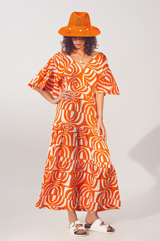 Q2 V neck Midi Dress with Print in Orange