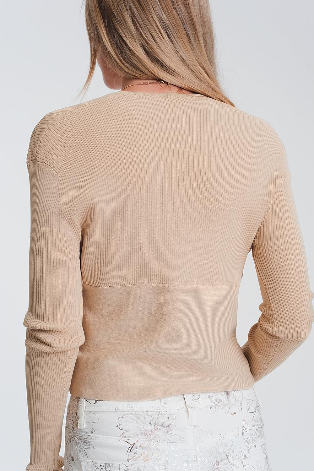 v neck ribbed sweater in beige Q2 Sweaters BoutiqueLua