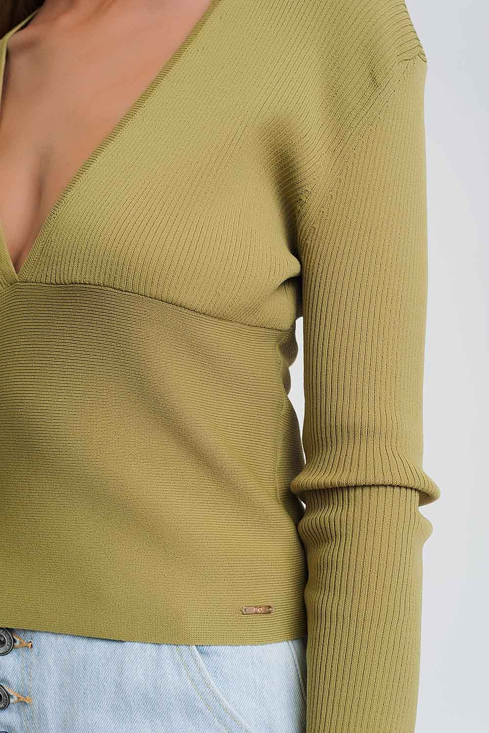 v neck ribbed sweater in green Q2 Sweaters BoutiqueLua