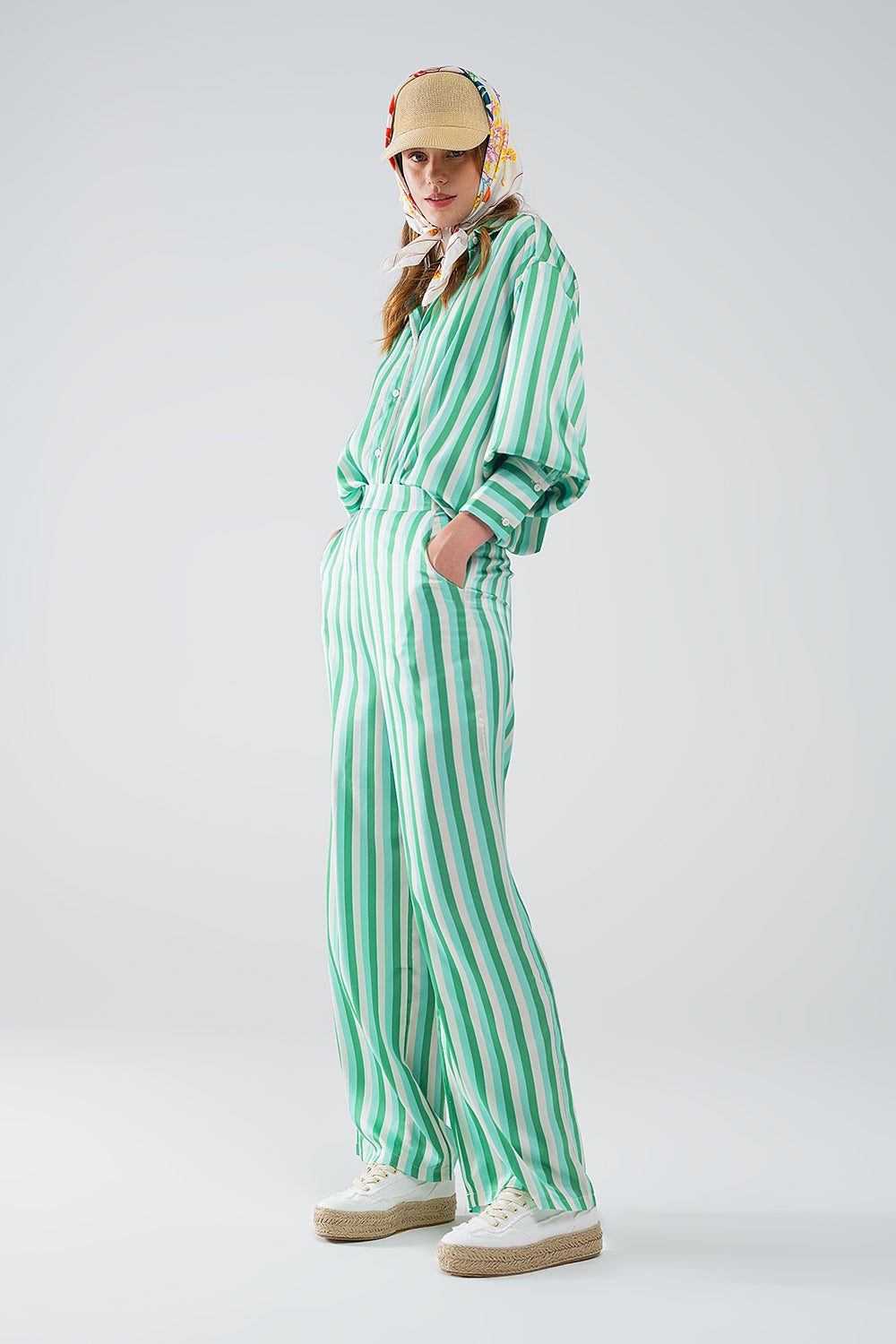 Vertical Striped Straight Leg satin Pants in Green Q2 Pants BoutiqueLua