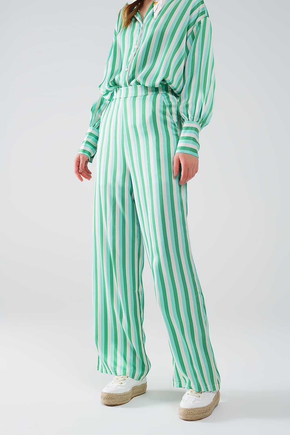 Vertical Striped Straight Leg satin Pants in Green Q2 Pants BoutiqueLua