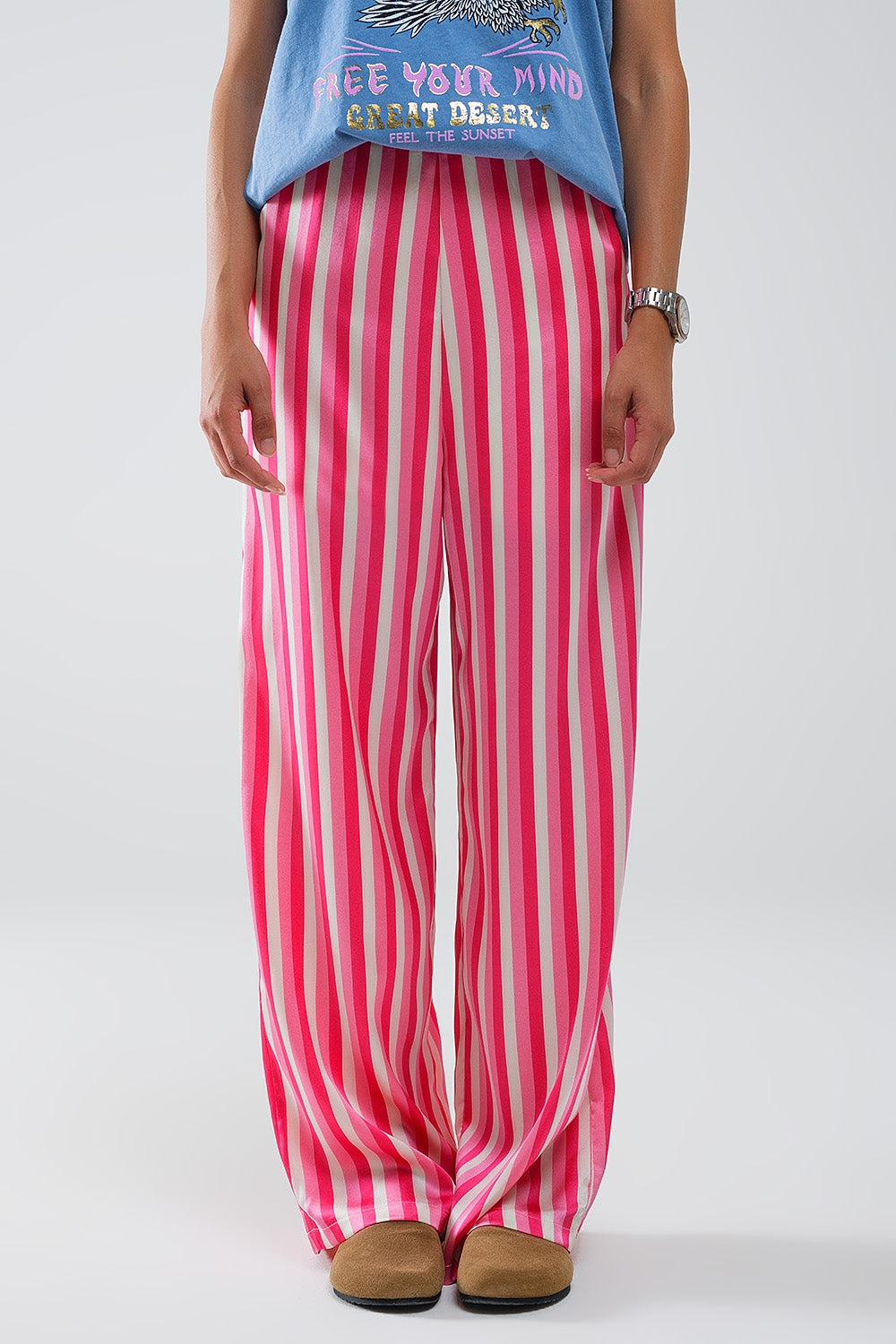 Q2 Vertical Striped Straight Leg satin Pants in Pink