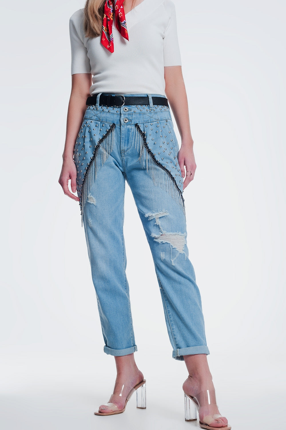 vintage ripped straight jeans with studs and chains Q2 Jeans BoutiqueLua
