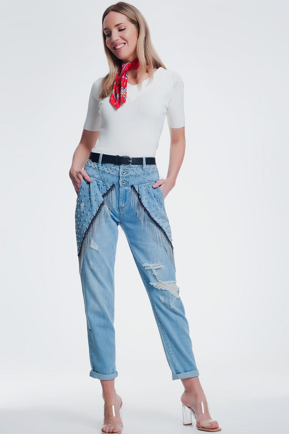 vintage ripped straight jeans with studs and chains Q2 Jeans BoutiqueLua