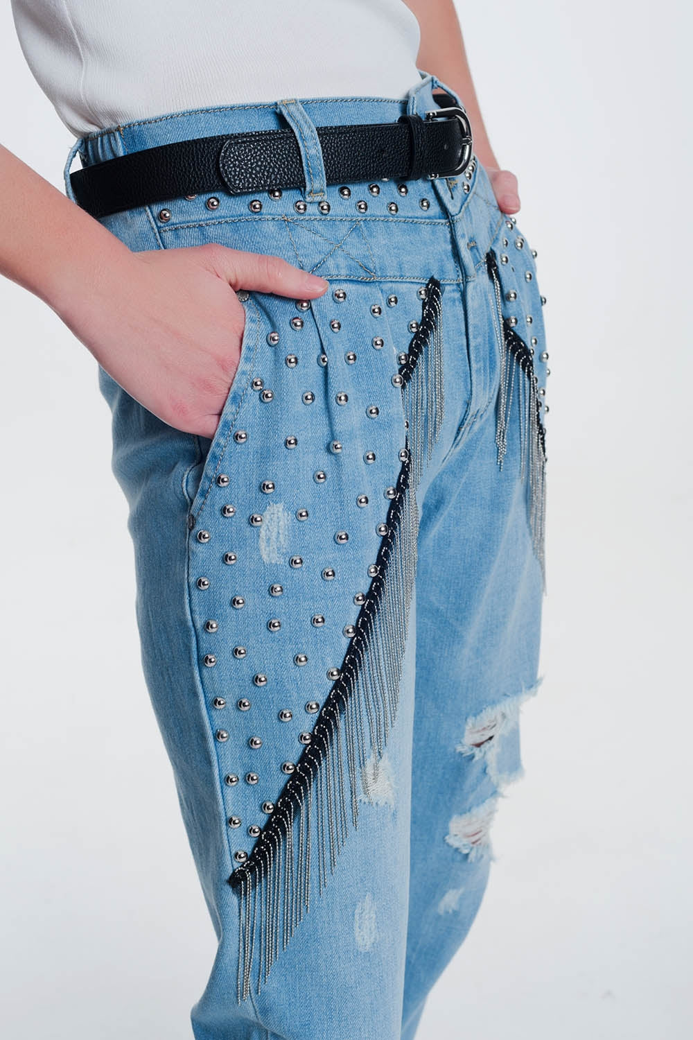 vintage ripped straight jeans with studs and chains Q2 Jeans BoutiqueLua