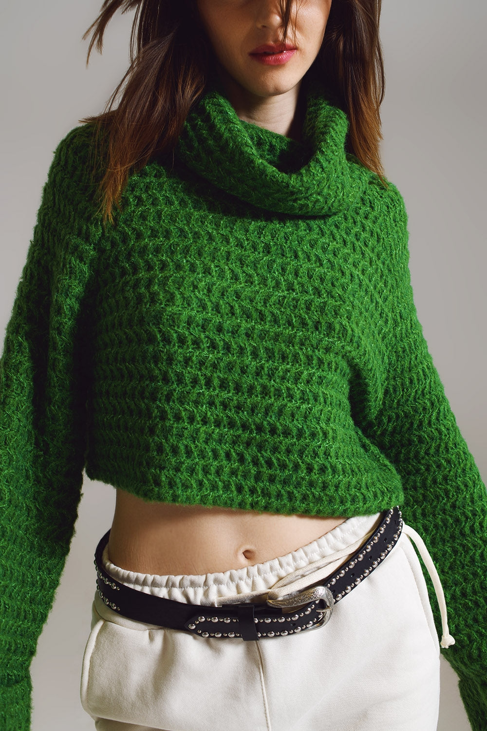 Waffle Knit Jumper With Turtle Neck and Rolled Cuffs in Green