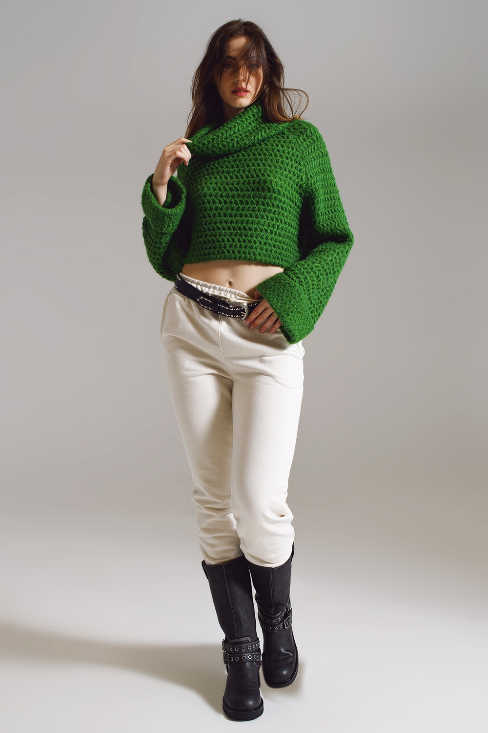 Waffle Knit Jumper With Turtle Neck and Rolled Cuffs in Green