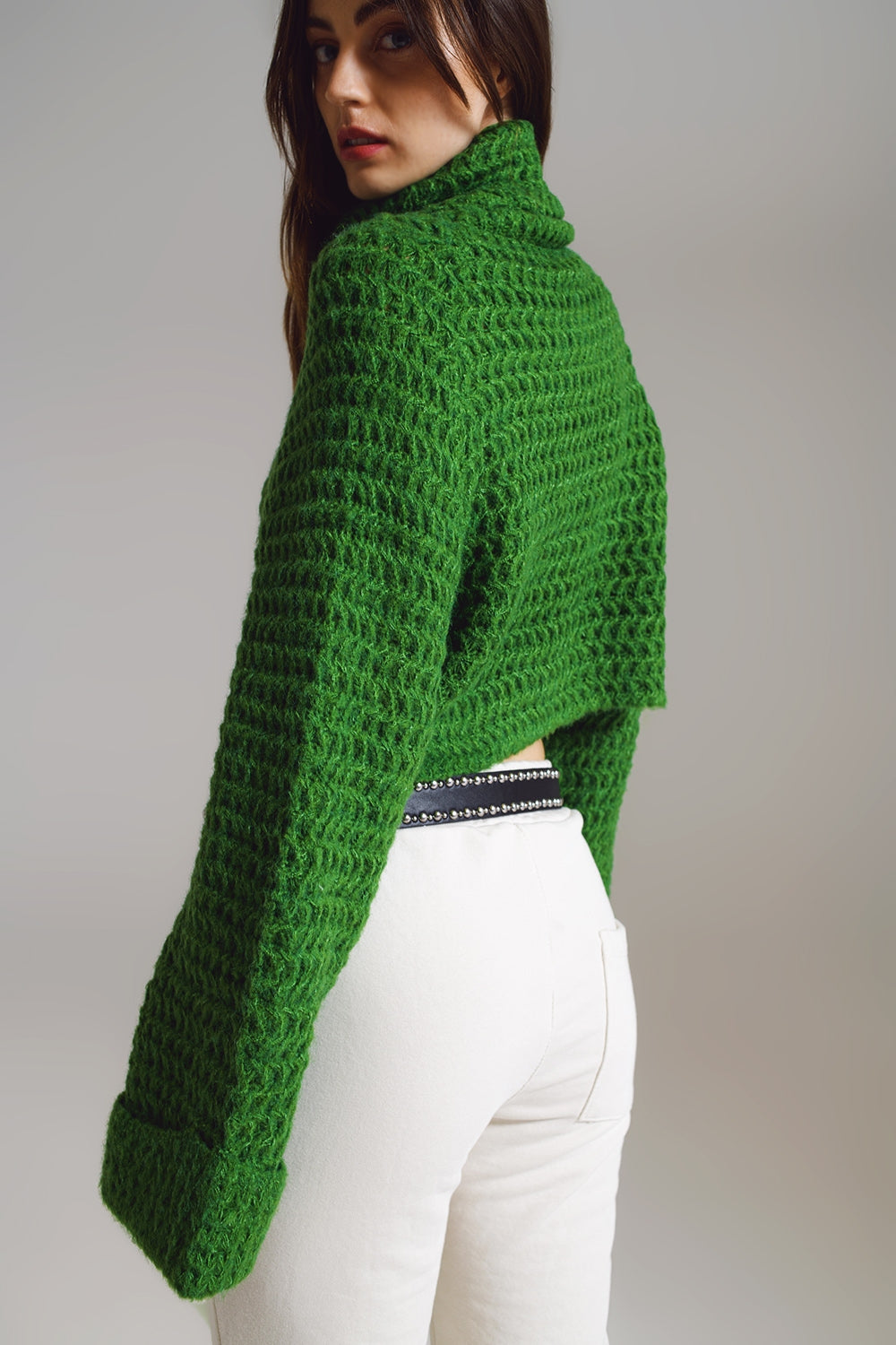 Waffle Knit Jumper With Turtle Neck and Rolled Cuffs in Green