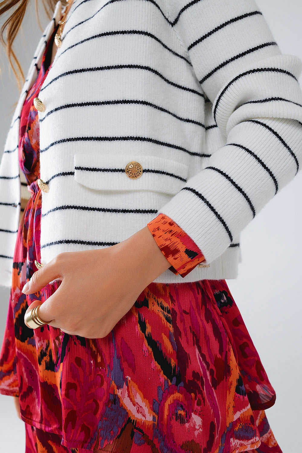 White Button Up Cardigan With Black Stripes and Golden Buttons Q2 Sweaters BoutiqueLua