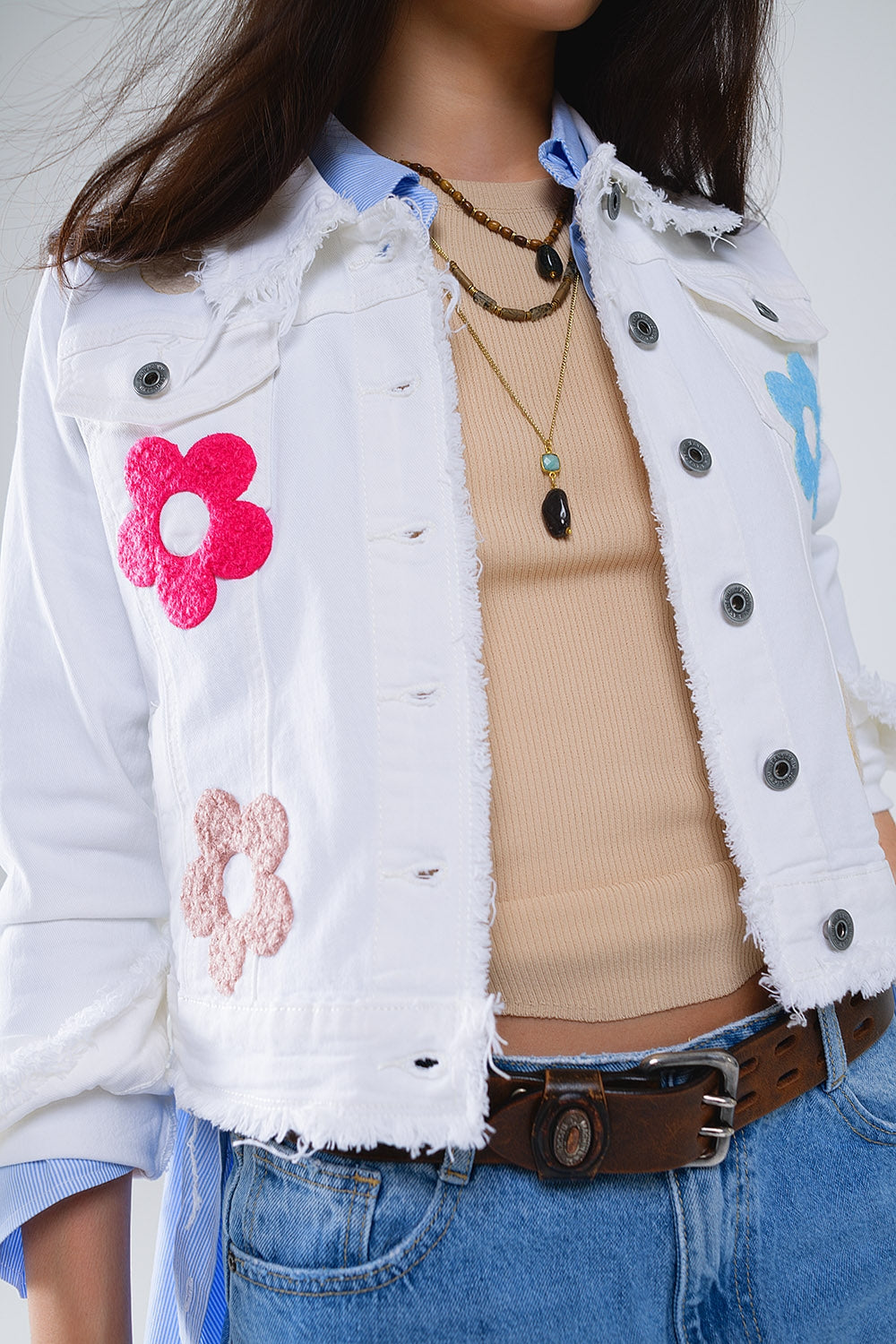 White Denim Jacket With Embroided Flowers Q2 Coats and Jackets BoutiqueLua