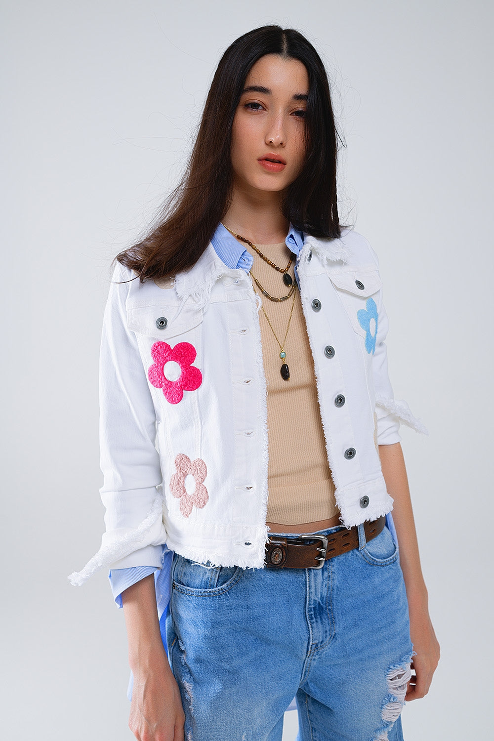 White Denim Jacket With Embroided Flowers Q2 Coats and Jackets BoutiqueLua