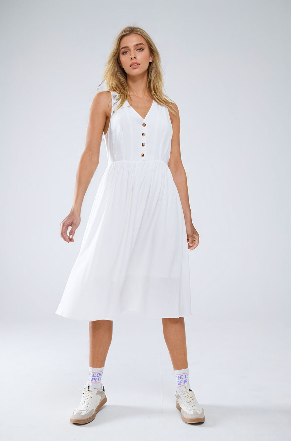 White dress with button detail Q2 Dresses BoutiqueLua