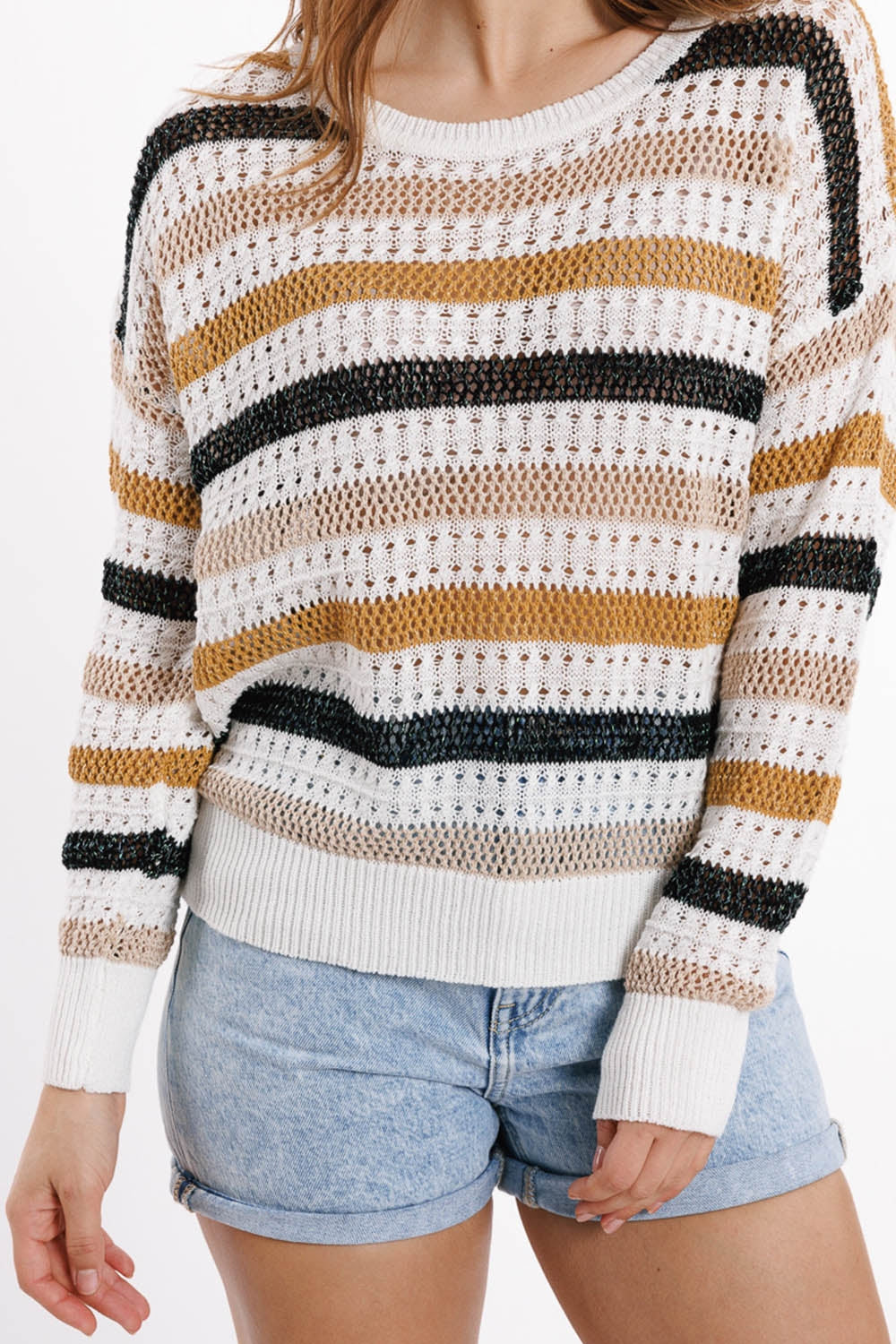 White knit sweater with multicolored stripes Q2 Sweaters BoutiqueLua