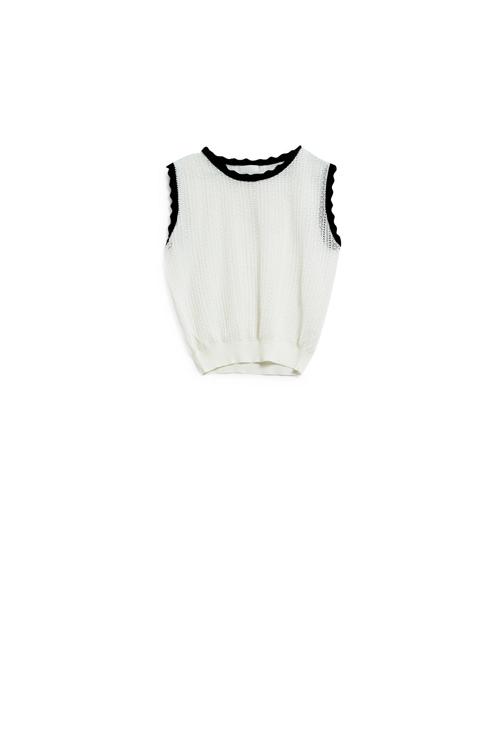 white knitted pointelle top with black wavy trim Q2 Sweaters BoutiqueLua