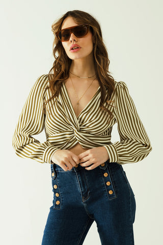 White long sleeves crop top with brown stripes and v-neck