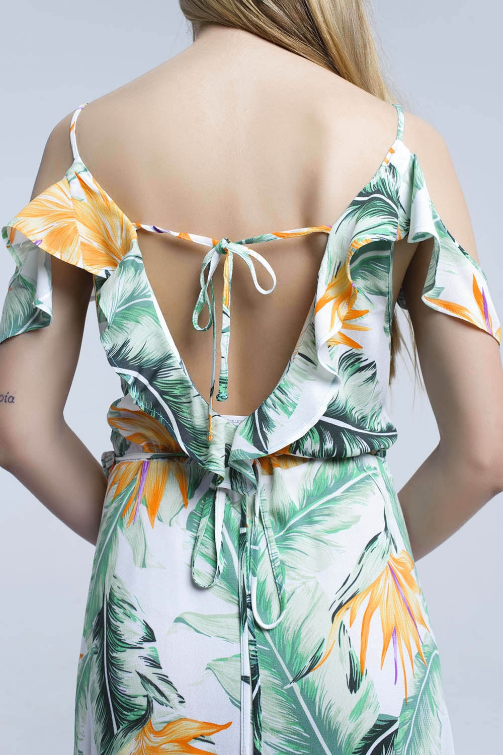 White midi dress in tropical leaves Q2 Dresses BoutiqueLua