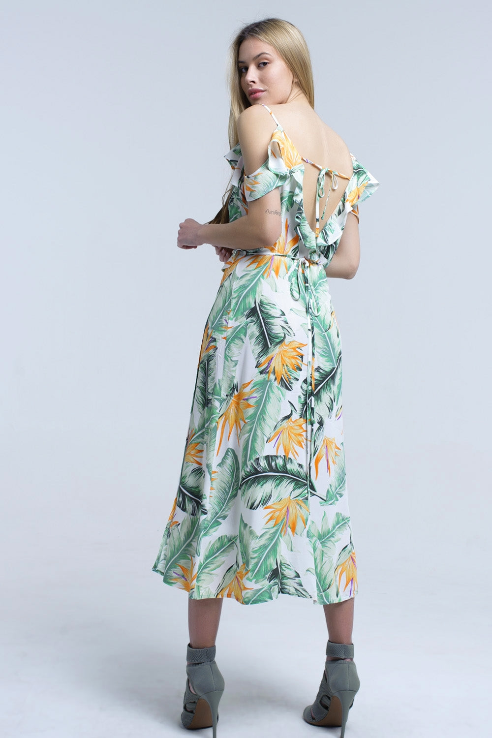 White midi dress in tropical leaves Q2 Dresses BoutiqueLua