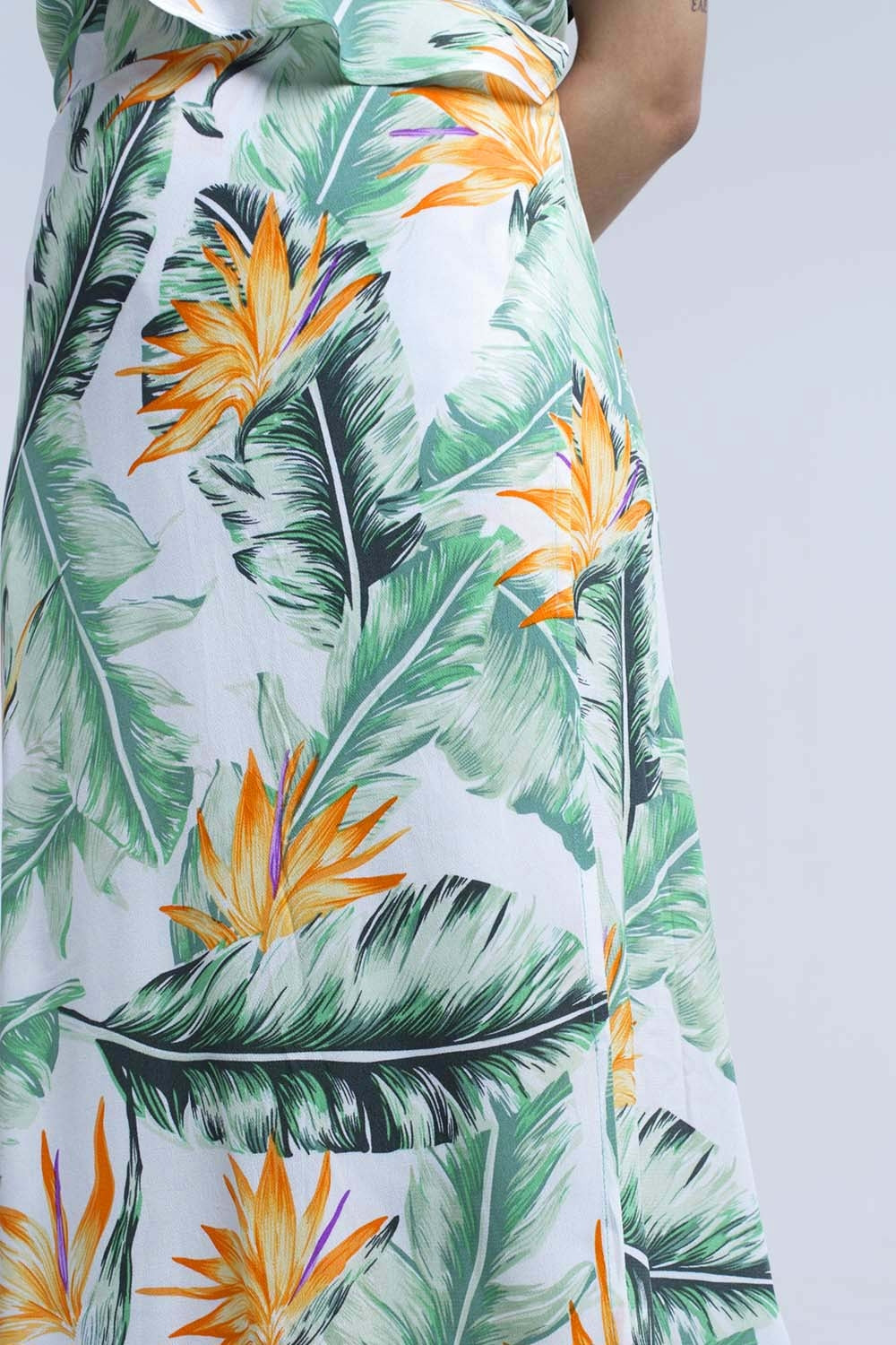 White midi dress in tropical leaves Q2 Dresses BoutiqueLua