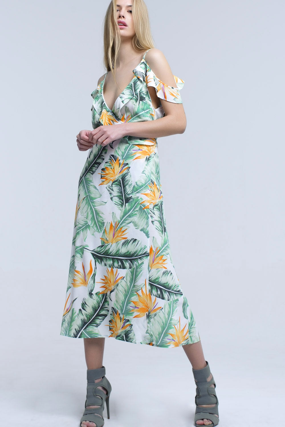 Q2 White midi dress in tropical leaves