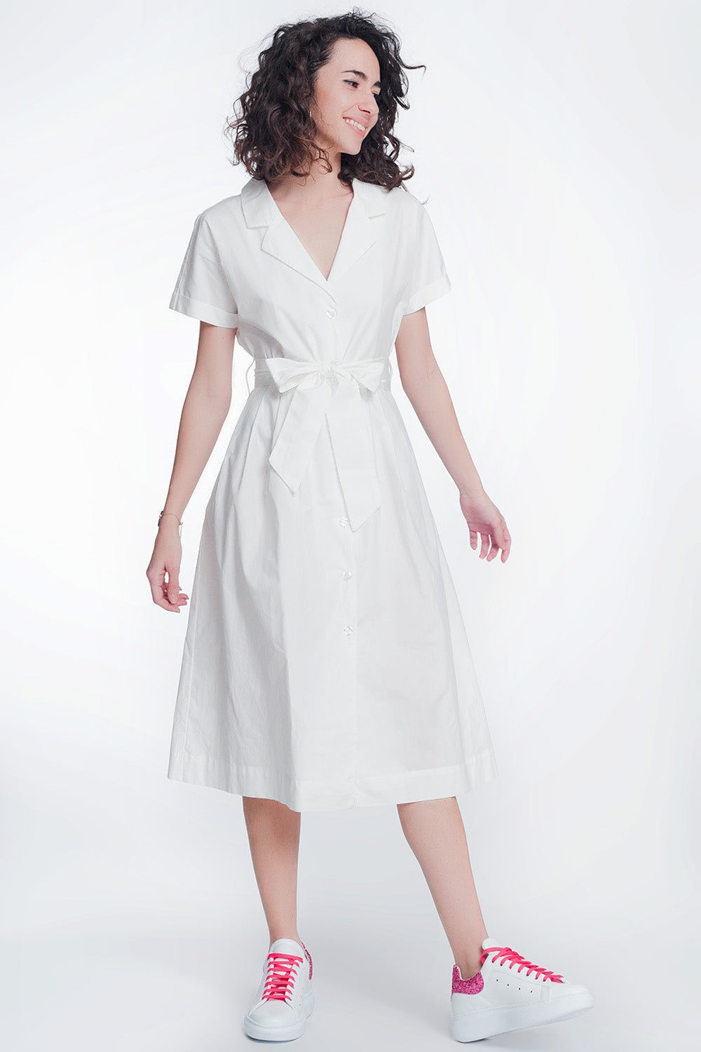 Q2 White poplin shirt dress with belt and short sleeve