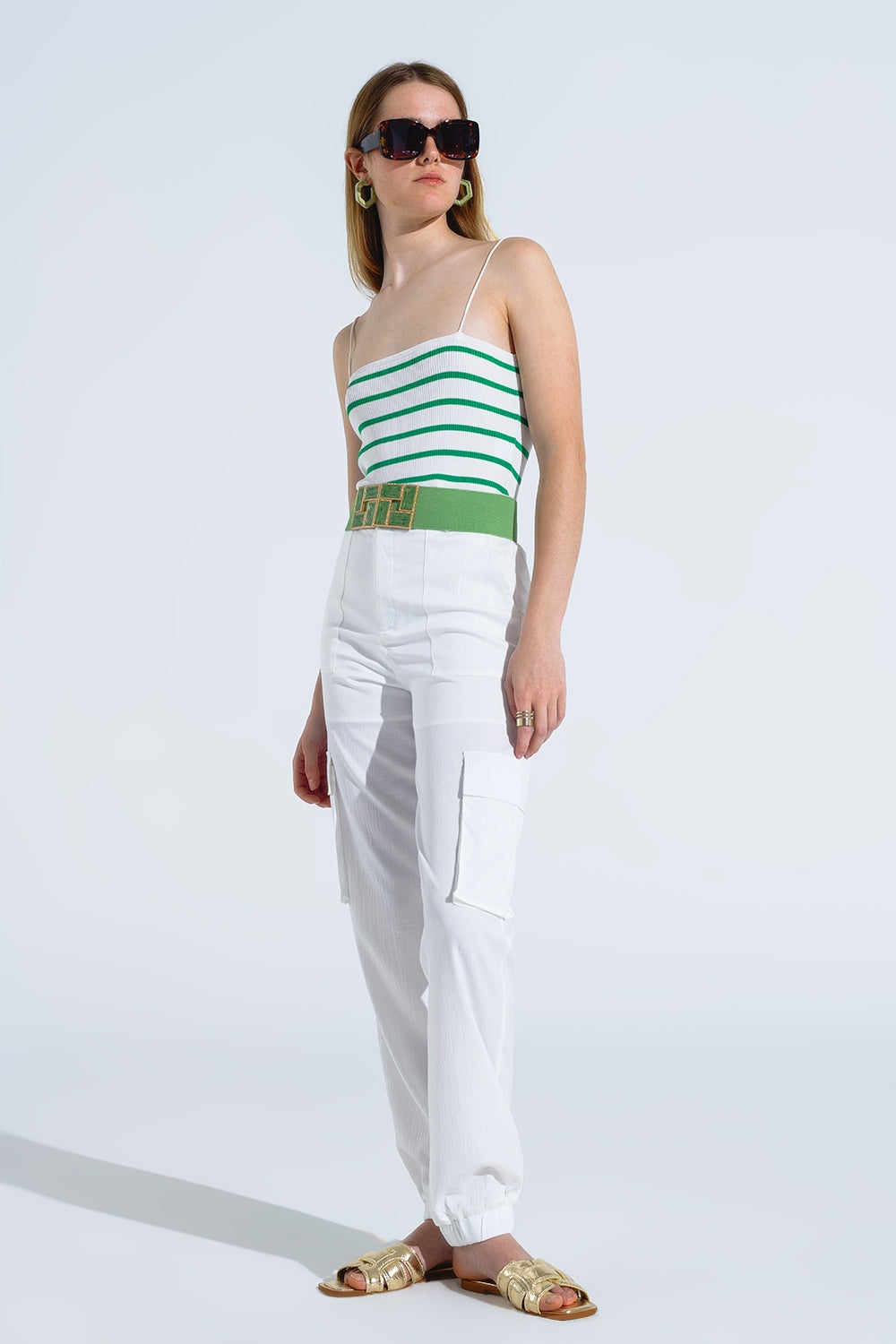 White satin Pants With Side Pockets And Belt Hoops Q2 Pants BoutiqueLua