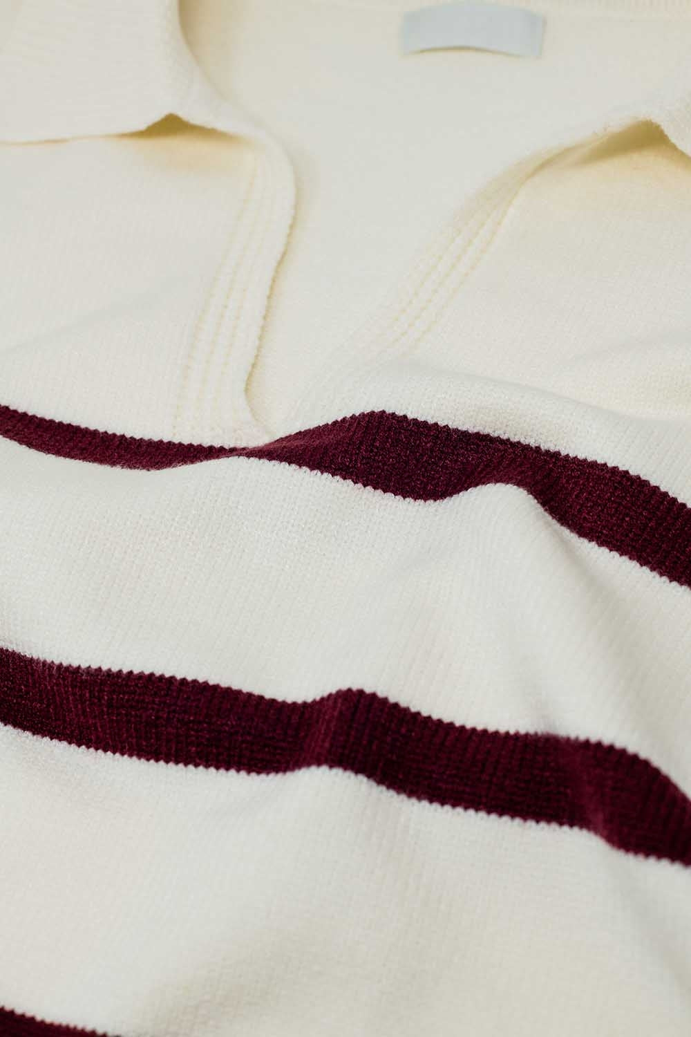 white sweater with dark red stripes and wide v neck Q2 Sweaters BoutiqueLua