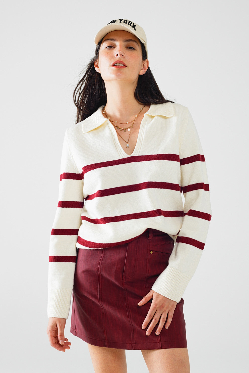 white sweater with dark red stripes and wide v neck Q2 Sweaters BoutiqueLua