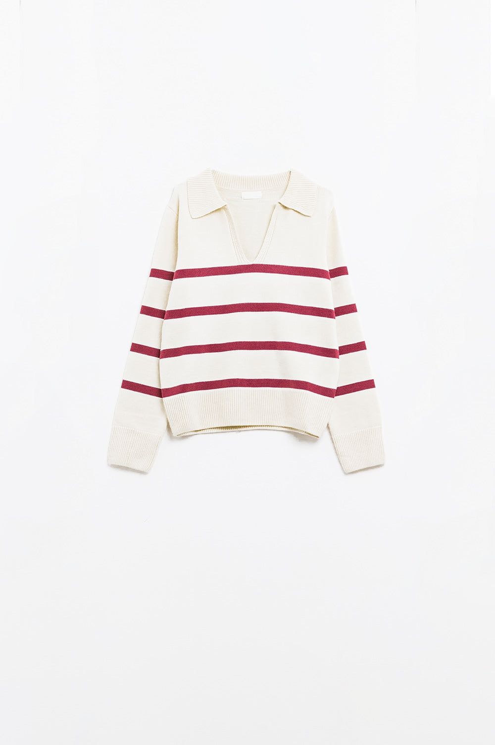 white sweater with dark red stripes and wide v neck Q2 Sweaters BoutiqueLua