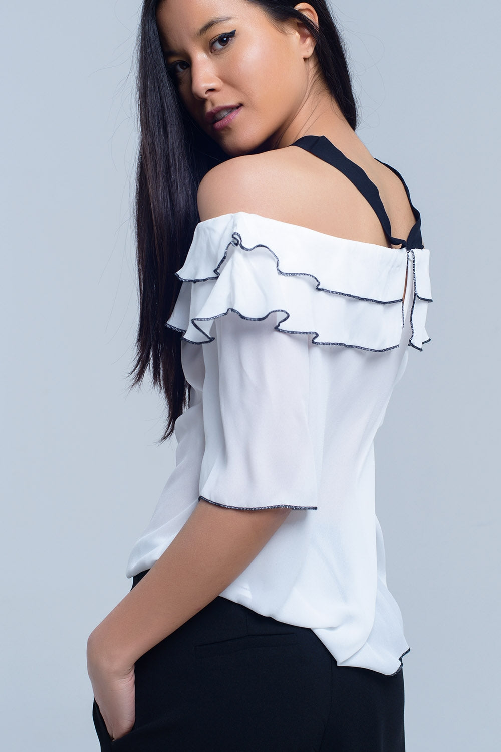 White top with black contrast trim Q2 Shirts BoutiqueLua