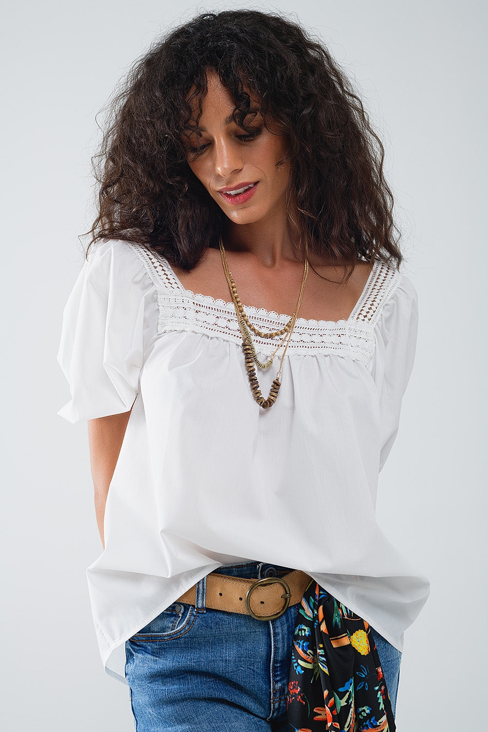 White Top With Square Neckline And Short Sleeves Q2 Tops BoutiqueLua