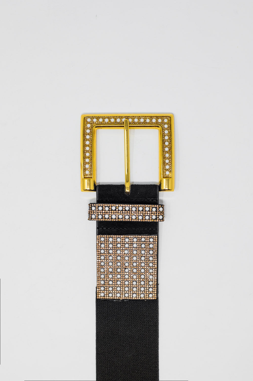 Wide Black Belt With Studded Strass Design And Squared Buckle. Q2 Accessories BoutiqueLua