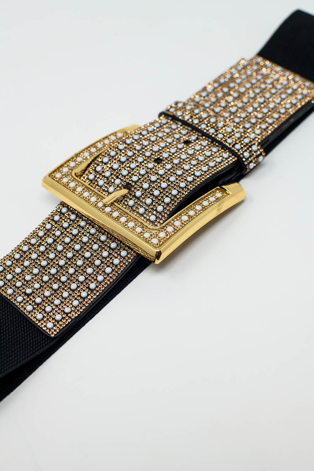 Wide Black Belt With Studded Strass Design And Squared Buckle. Q2 Accessories BoutiqueLua