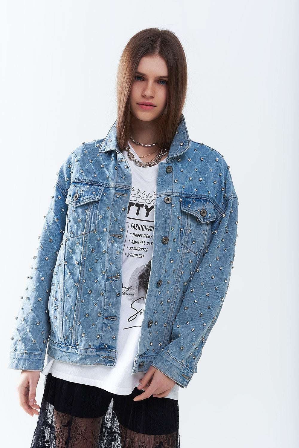 Wide denim jacket with rhinestones in a diamond pattern