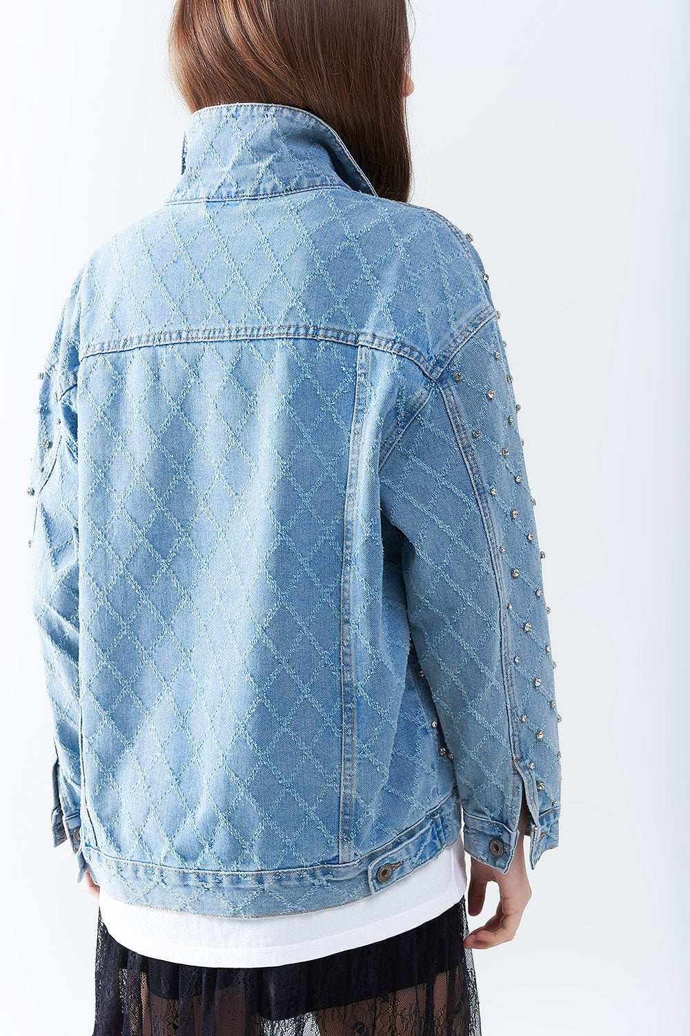 Wide denim jacket with rhinestones in a diamond pattern