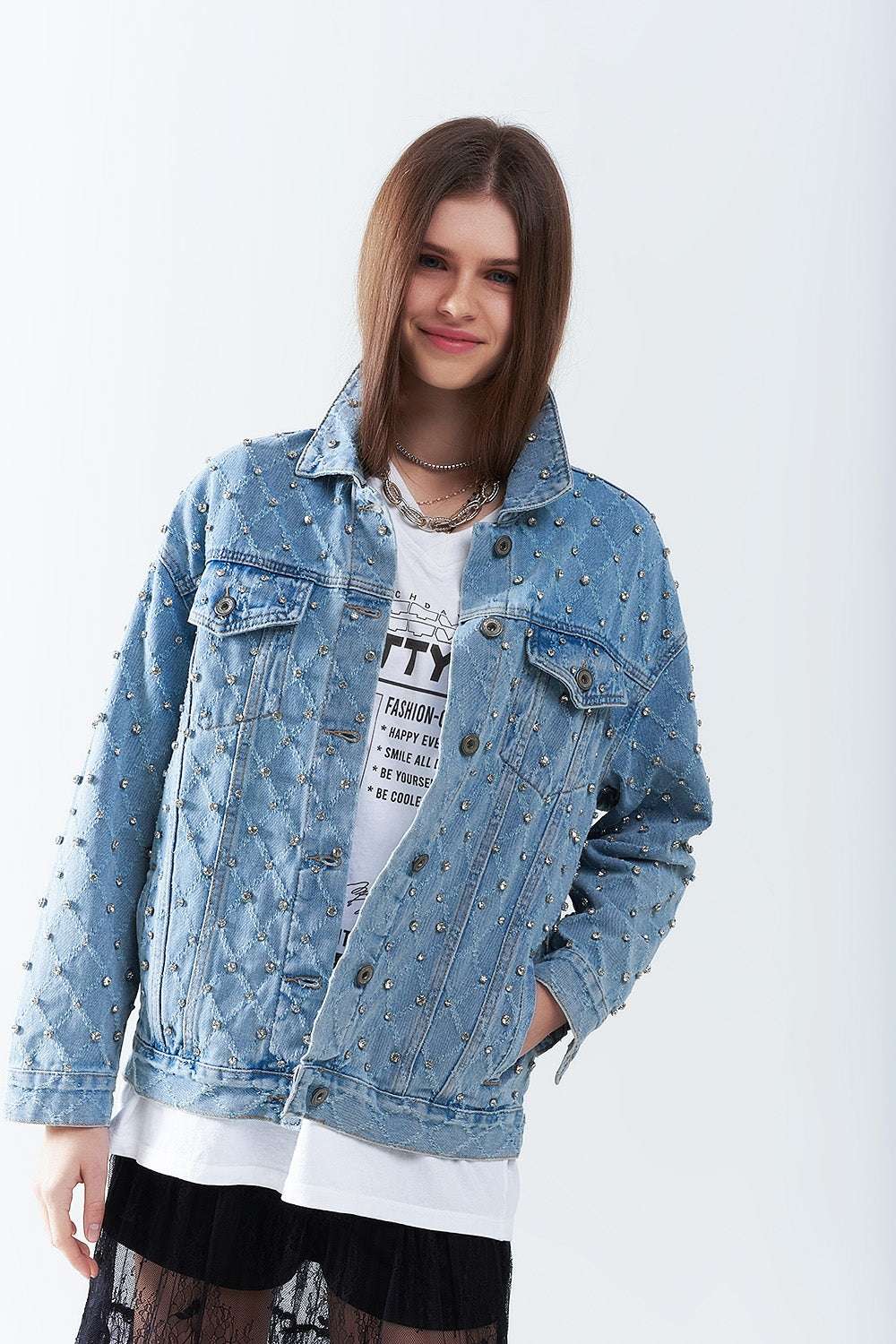 Q2 Wide denim jacket with rhinestones in a diamond pattern