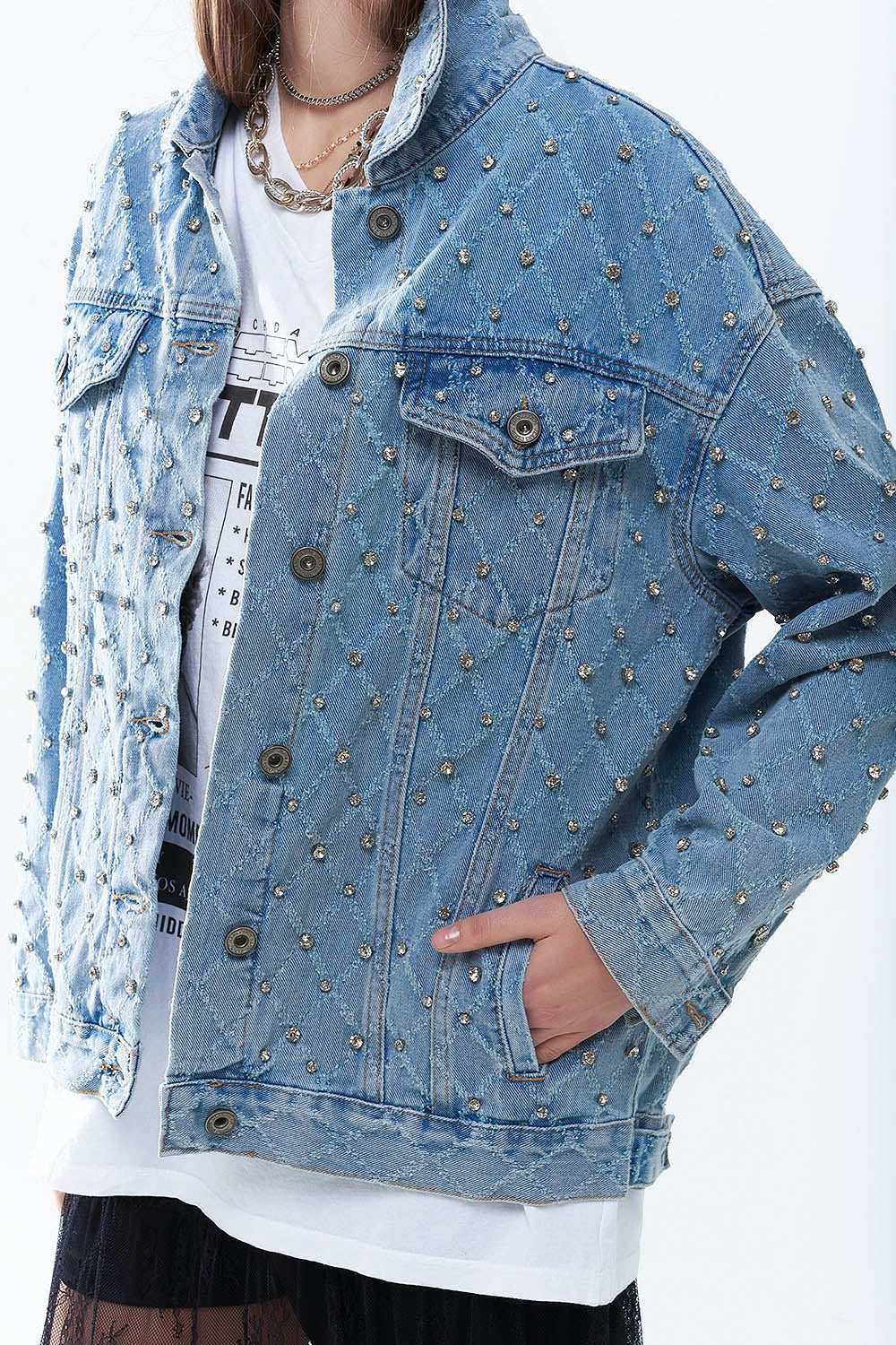 Wide denim jacket with rhinestones in a diamond pattern