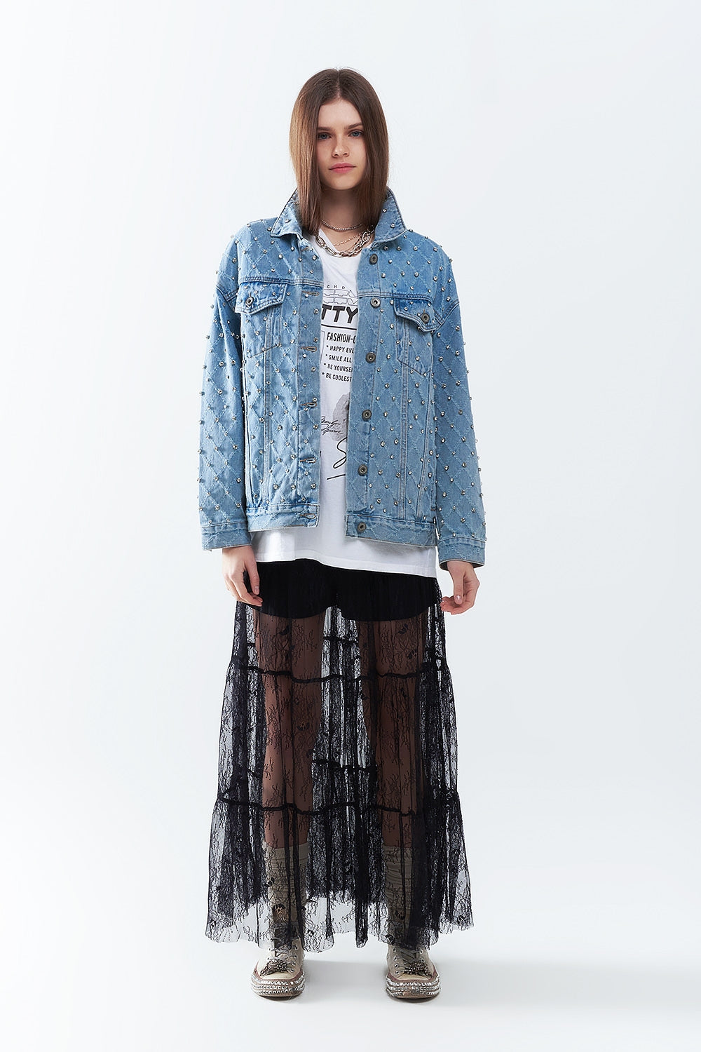 Wide denim jacket with rhinestones in a diamond pattern