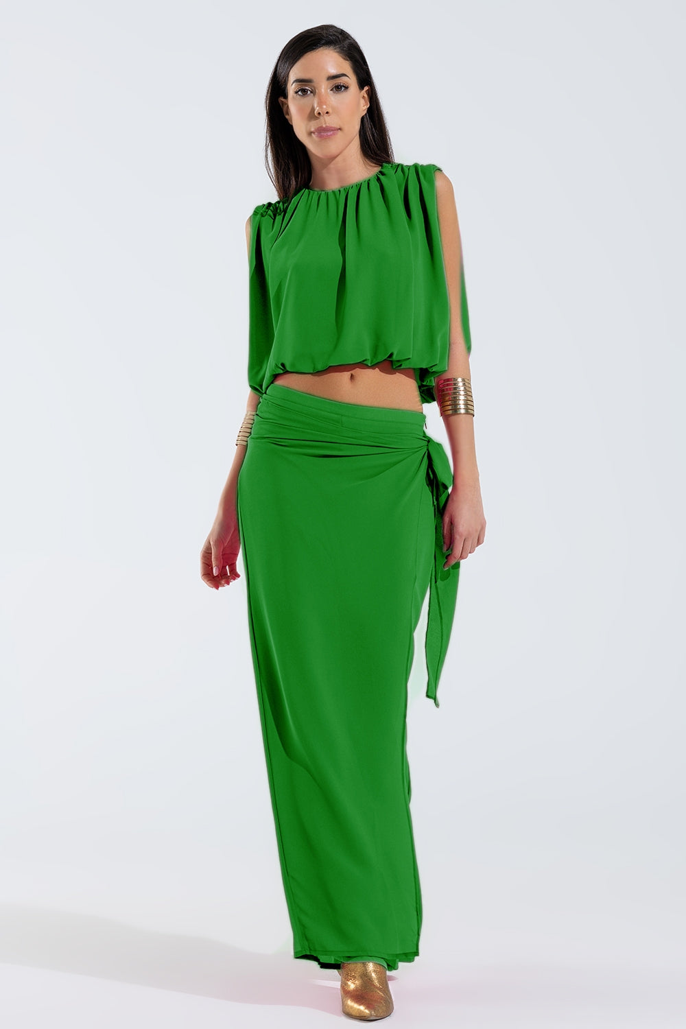 Wide green Pants Overlay Skirt Tied At The Side Q2 Pants BoutiqueLua