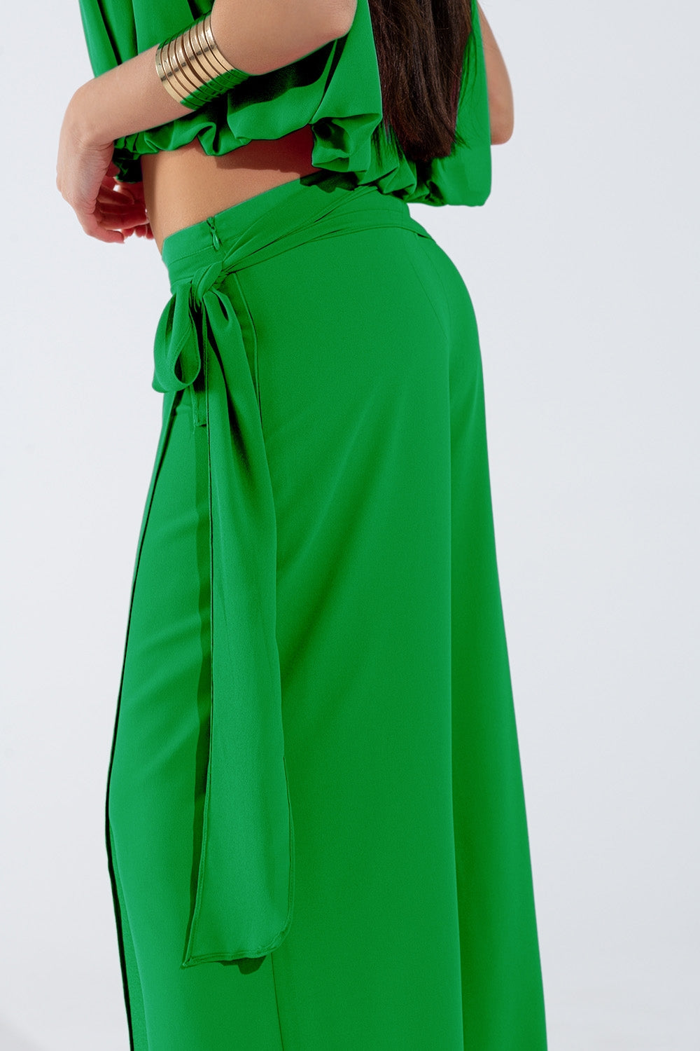 Wide green Pants Overlay Skirt Tied At The Side Q2 Pants BoutiqueLua