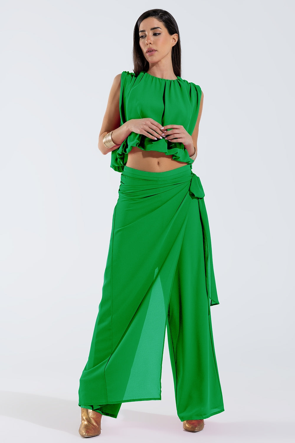 Wide green Pants Overlay Skirt Tied At The Side Q2 Pants BoutiqueLua