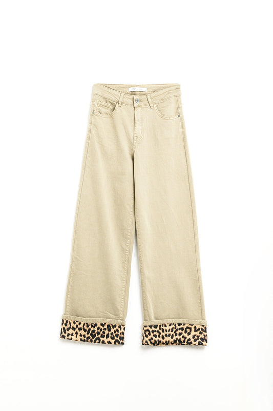 Q2 Wide leg beige pants with leopard print at the bottom