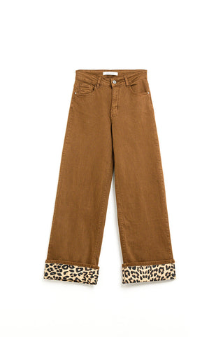 Wide leg camel pants with leopard print at the bottom