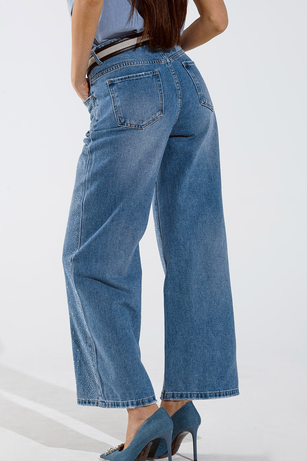 Wide Leg Jeans With Exposed Buttons And Stras Details in Mid Wash Q2 Jeans BoutiqueLua